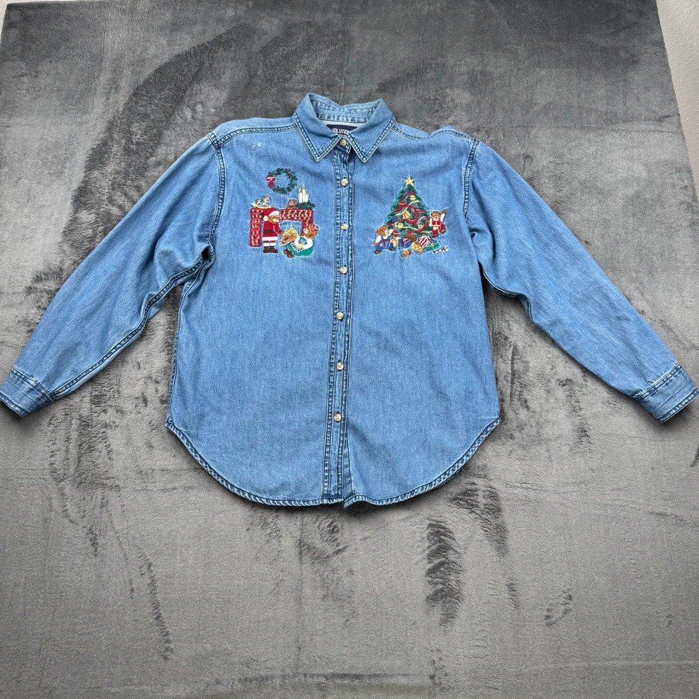 Solutions Petite Vintage Christmas Denim Shirt Embroidered Teddy Bears Blue PL